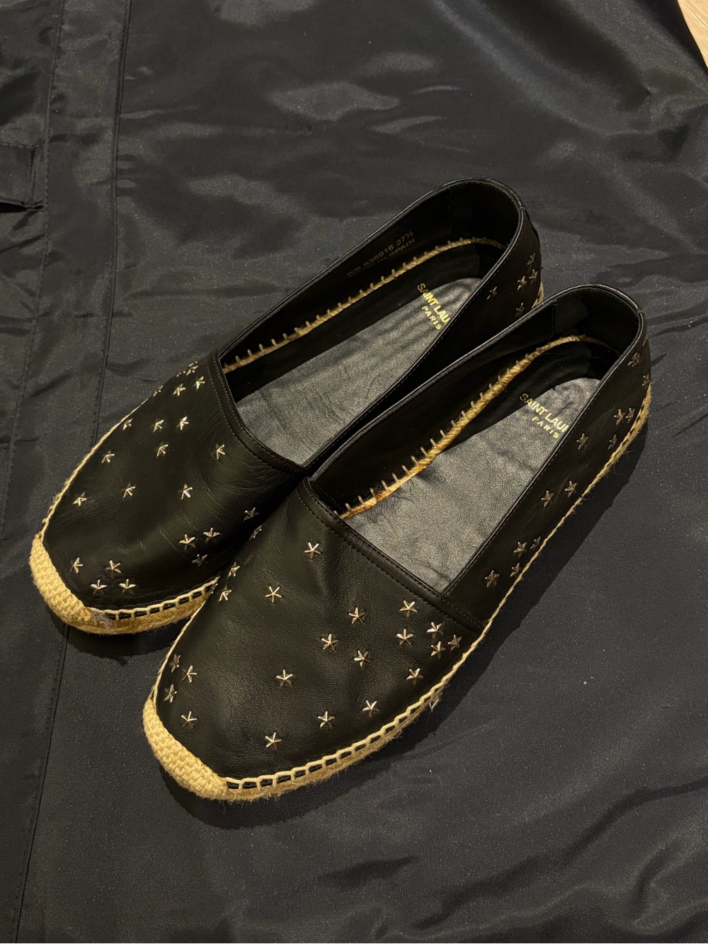 Saint Laurent Black Leather Espadrilles with Gold Star Stitching
